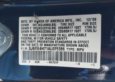 2010 Honda Cr-V Ex-L z USA, uszkodzony, nr VIN 5J6RE4H71AL025386